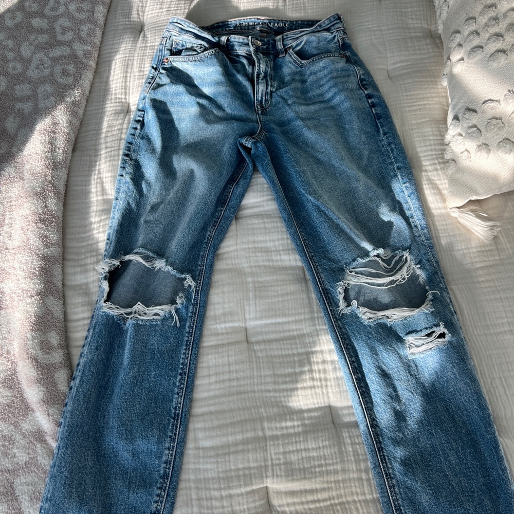 American Eagle Outfitters Blue Ripped Straight Leg Jeans